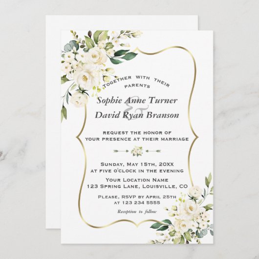 Invitation Unique Mariage de Monogramme Or Fleurs Blanches (Devant / Derrière)