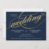 Invitation Unique Mariage moderne marine & Gold Script (Devant)