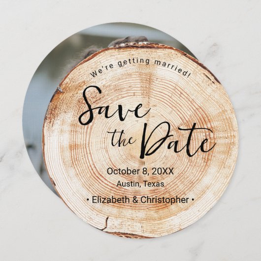 Invitation Unique mariage rustique en tranche de bois (Devant / Derrière)