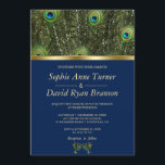 Invitation Unique Marine Blue Gold Peacock Feaths Mariage<br><div class="desc">Design moderne et élégant avec plumes de paon,  cadre en faux or sur arrière - plan bleu marine. Utilisez l'outil Personnaliser pour ajouter vos informations. Des éléments correspondants se trouvent dans ma collection Peacock Blue.</div>