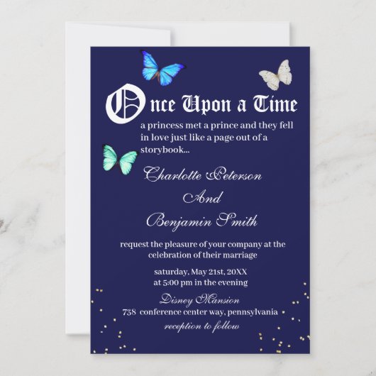 Invitation Unique Navy Blue Butterfly Fairytale Mariage (Devant)