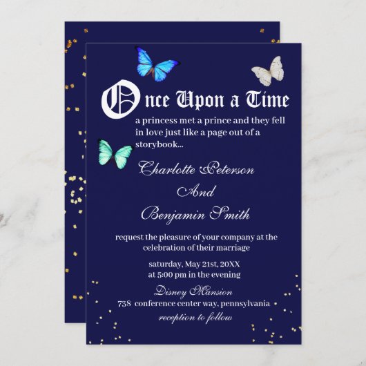 Invitation Unique Navy Blue Butterfly Fairytale Mariage (Devant / Derrière)