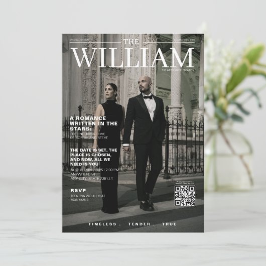Invitation Unique QR code magazine couverture photo mariage (Debout devant)