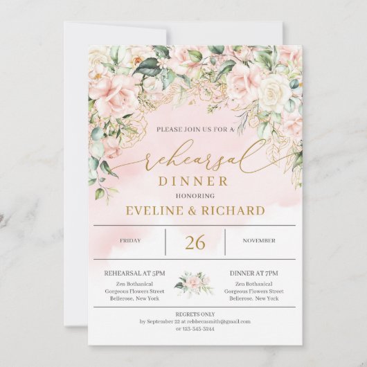 Invitation Unique rose pastel roses verdure or répétition (Devant)