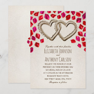 Invitation Unique Sand Hearts Rose Petal Beach Mariage à thèm
