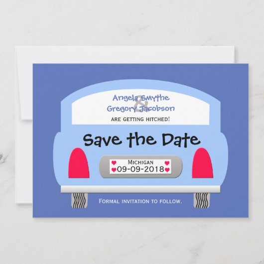 Invitation unique Save the Date — Blue Car (Devant)