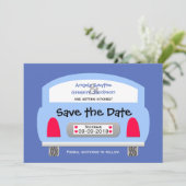 Invitation unique Save the Date — Blue Car (Debout devant)
