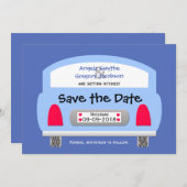 Invitation unique Save the Date — Blue Car (Devant / Derrière)