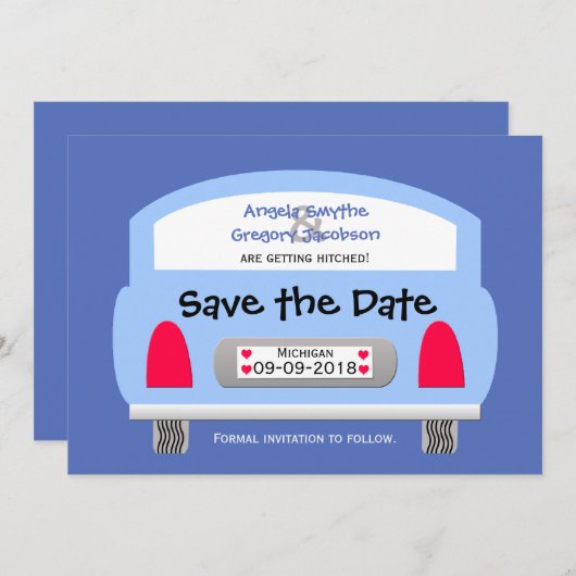 Invitation unique Save the Date — Blue Car (Devant / Derrière)