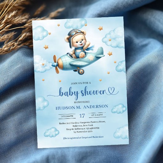 Invitation Unique Teddy Bear Pilot Blue Brown Boy Shower Card