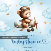 Invitation Unique Teddy Bear Pilot Blue Brown Boy Shower Card