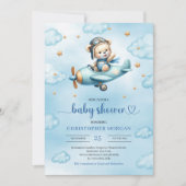Invitation Unique Teddy Bear Pilot Blue Brown Boy Shower Card (Devant)