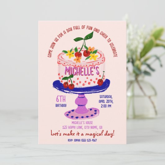 Invitation Unique Whimsical Quirky Birthday Cake Cherry (Debout devant)