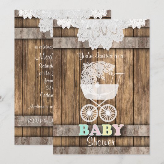 Invitation Unisex Baby 👶 douche en bois rustique et dentelle (Devant / Derrière)