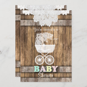 Invitation Unisex Baby 👶 douche en bois rustique et dentelle