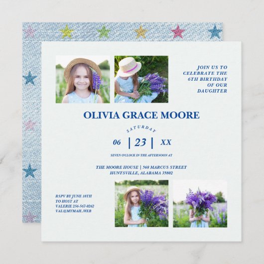 Invitation Unisex Denim Étoiles multicolores Enfants Annivers (Devant / Derrière)