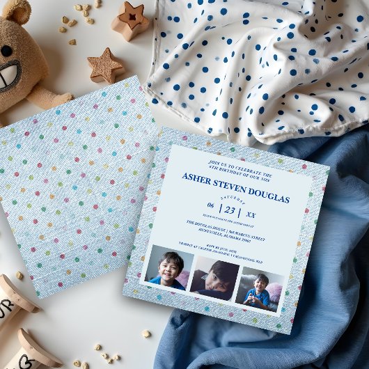 Invitation Unisex Denim Pois 3 Photos Anniversaire de enfant