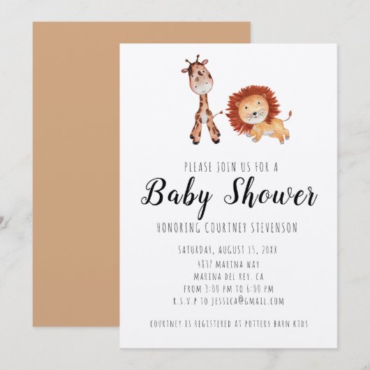Invitation Unisex Giraffe & Lion Baby shower (Devant / Derrière)