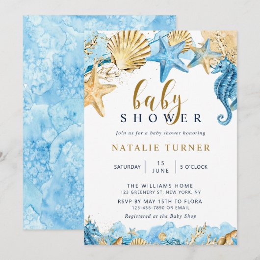 Invitation Unterhalb des Meeres | Gold und Blue Baby Dusche (Devant / Derrière)