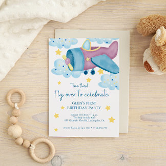 Invitation Up and Away Purple Avion Birthday Boy