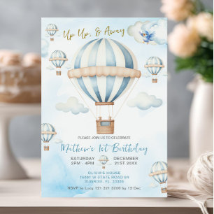 Invitation Up & Away Blue Hot Air Balloon garçon 1er annivers