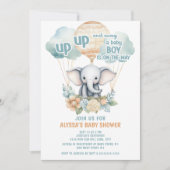 Invitation Up Up Up Away Elephant Hot Air Bleu Garçon (Devant)