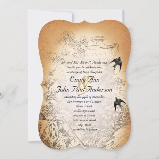Invitation Urne Rustique Fleurs Vintage Oiseaux Mariage (Dos)