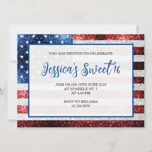 Invitation USA flag rouge bleu étincelles Sweet 16 élégant sc