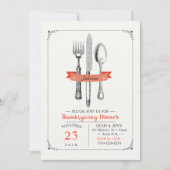 Invitation Ustensiles de diner de Thanksgiving pêche gris (Devant)