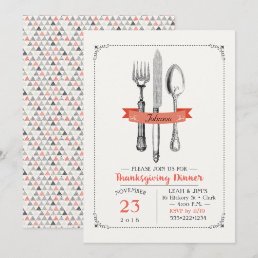 Invitation Ustensiles de diner de Thanksgiving pêche gris (Devant / Derrière)