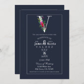 Invitation V Monogramme Dernier initial bleu Floral Mariage (Devant / Derrière)
