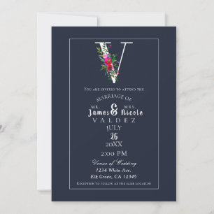 Invitation V Monogramme Dernière Initiale Moderne Bleu Floral