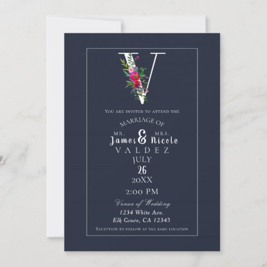 Invitation V Monogramme Dernière Initiale Moderne Fleurs Bleu (Devant)