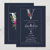 Invitation V Monogramme Dernière Initiale Moderne Fleurs Bleu (Devant / Derrière)