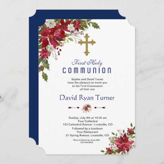 Invitation Vacances d'hiver Rouge Blanc Poinsettia Sainte Com (Devant / Derrière)