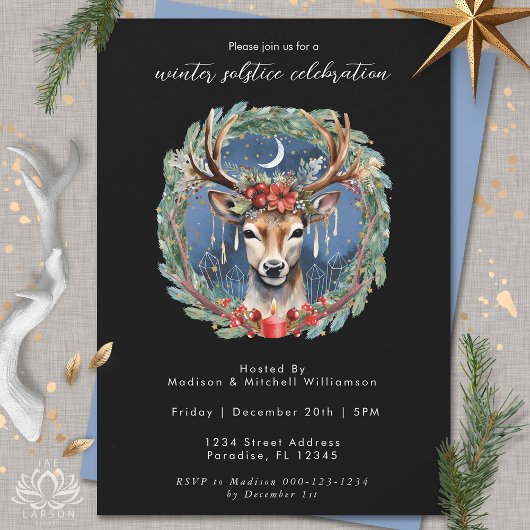 Invitation Vacances du solstice d'hiver Cerf Baies rouges de