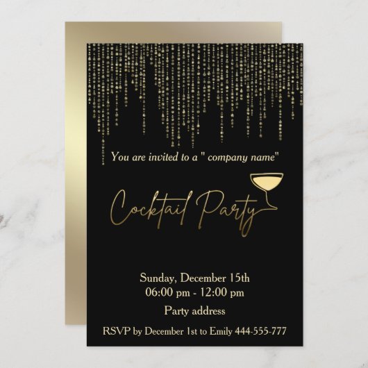 Invitation Vacances en or moderne noir cocktail fête entrepri (Devant / Derrière)
