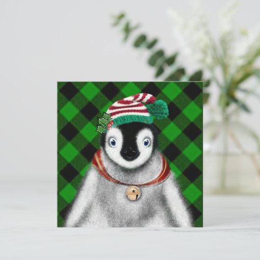Invitation Vacances festives mignonnes Pingouin vert noir pla (Debout devant)