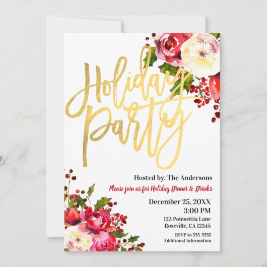 Invitation Vacances Gold Moderne Script Floral Berries (Devant)