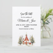 Invitation Vacances hiver Red Church Pine Trees Enregistrer l (Debout devant)