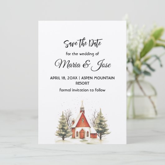Invitation Vacances hiver Red Church Pine Trees Enregistrer l (Debout devant)