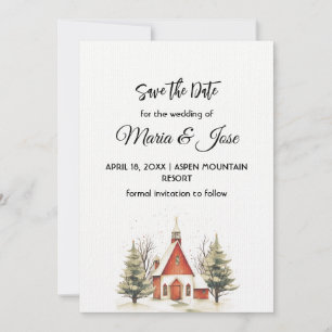 Invitation Vacances hiver Red Church Pine Trees Enregistrer l