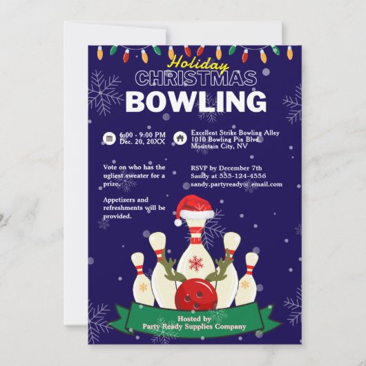 Invitation Vacances Noël Bowling Blue & Green Snow Party (Devant)