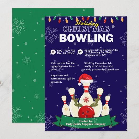 Invitation Vacances Noël Bowling Blue & Green Snow Party (Devant / Derrière)