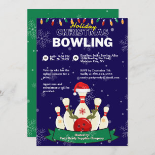 Invitation Vacances Noël Bowling Blue & Green Snow Party
