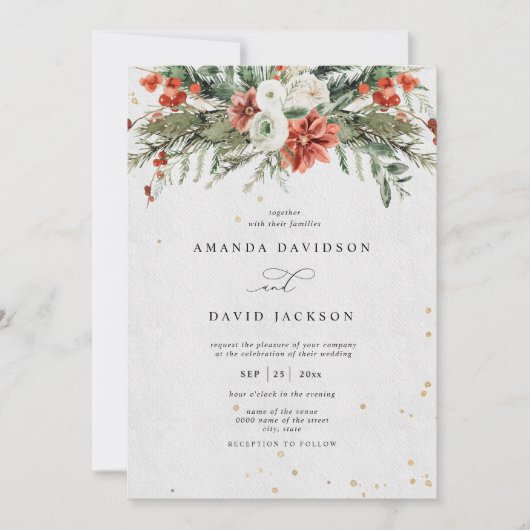 Invitation Vacances Rustic Pine Greenering & Red Berries Mari (Devant)