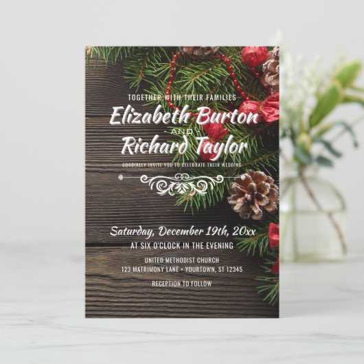 Invitation Vacances Rustiques Pine Wreath Mariage d'hiver (Debout devant)