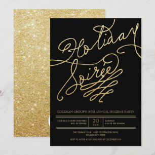 Invitation Vacances Soiree Gold Parties scintillant Script Cl