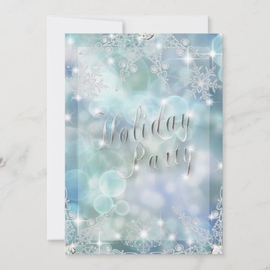 Invitation Vacances Sparky Glitzy Snowflake Ice Blue Bokeh (Devant)