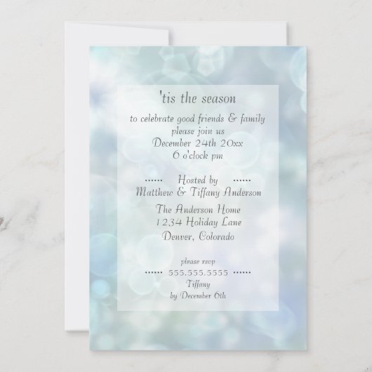 Invitation Vacances Sparky Glitzy Snowflake Ice Blue Bokeh (Dos)